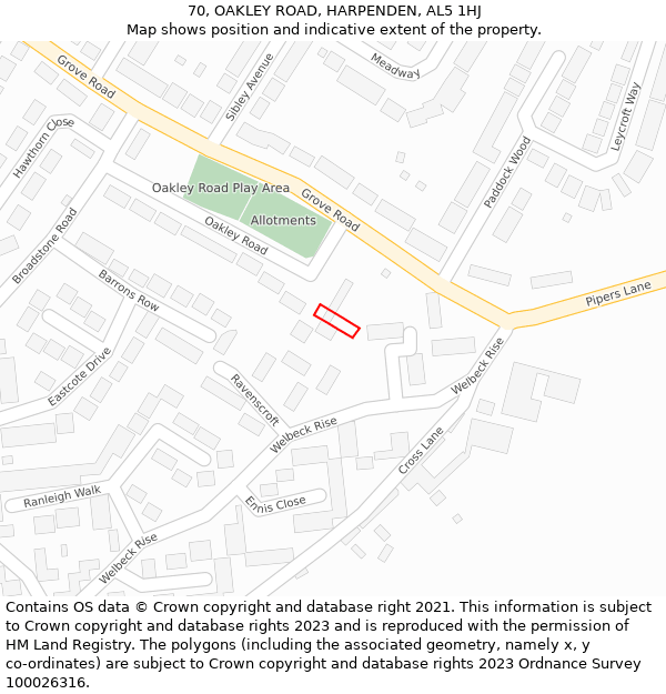 70, OAKLEY ROAD, HARPENDEN, AL5 1HJ: Location map and indicative extent of plot