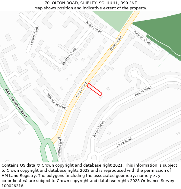 70, OLTON ROAD, SHIRLEY, SOLIHULL, B90 3NE: Location map and indicative extent of plot