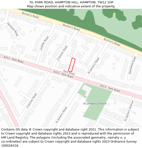 70, PARK ROAD, HAMPTON HILL, HAMPTON, TW12 1HP: Location map and indicative extent of plot