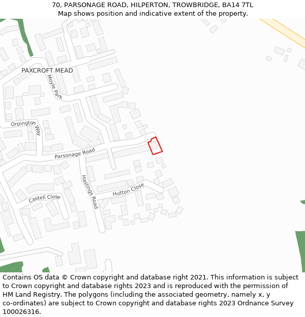 70, PARSONAGE ROAD, HILPERTON, TROWBRIDGE, BA14 7TL: Location map and indicative extent of plot