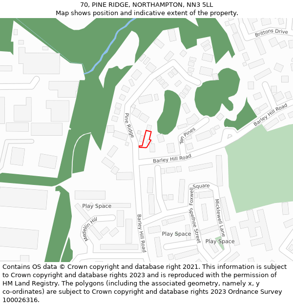 70, PINE RIDGE, NORTHAMPTON, NN3 5LL: Location map and indicative extent of plot
