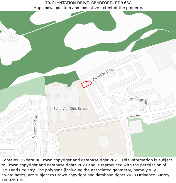 70, PLANTATION DRIVE, BRADFORD, BD9 6SG: Location map and indicative extent of plot