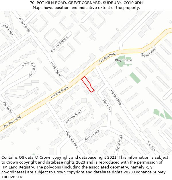 70, POT KILN ROAD, GREAT CORNARD, SUDBURY, CO10 0DH: Location map and indicative extent of plot