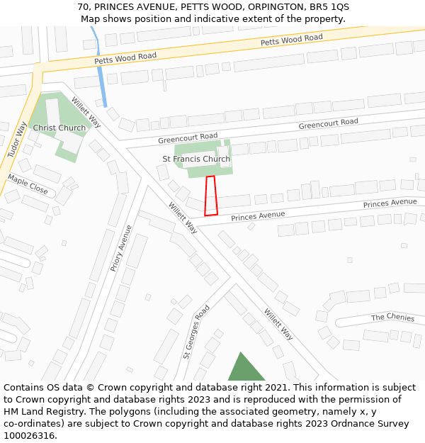 70, PRINCES AVENUE, PETTS WOOD, ORPINGTON, BR5 1QS: Location map and indicative extent of plot