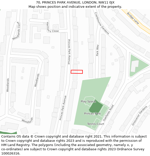 70, PRINCES PARK AVENUE, LONDON, NW11 0JX: Location map and indicative extent of plot