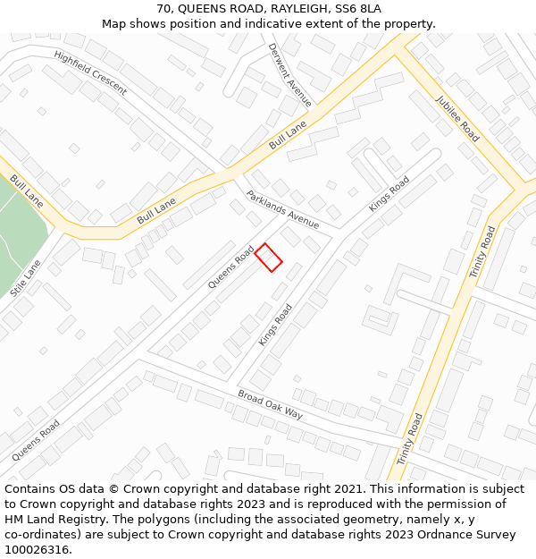 70, QUEENS ROAD, RAYLEIGH, SS6 8LA: Location map and indicative extent of plot