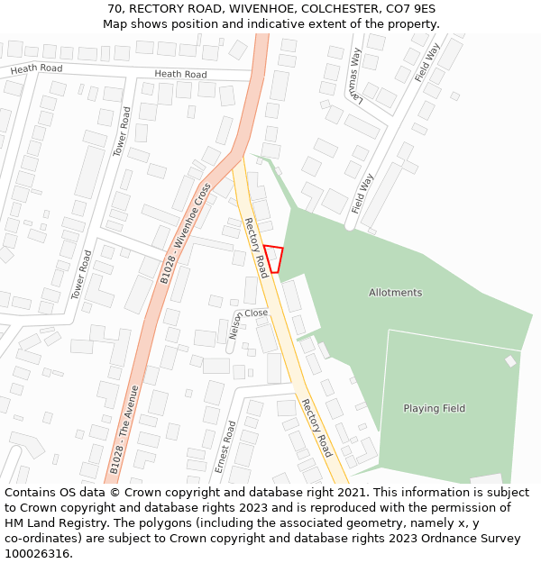 70, RECTORY ROAD, WIVENHOE, COLCHESTER, CO7 9ES: Location map and indicative extent of plot