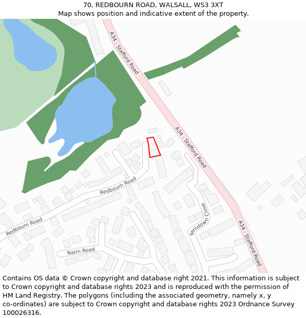 70, REDBOURN ROAD, WALSALL, WS3 3XT: Location map and indicative extent of plot