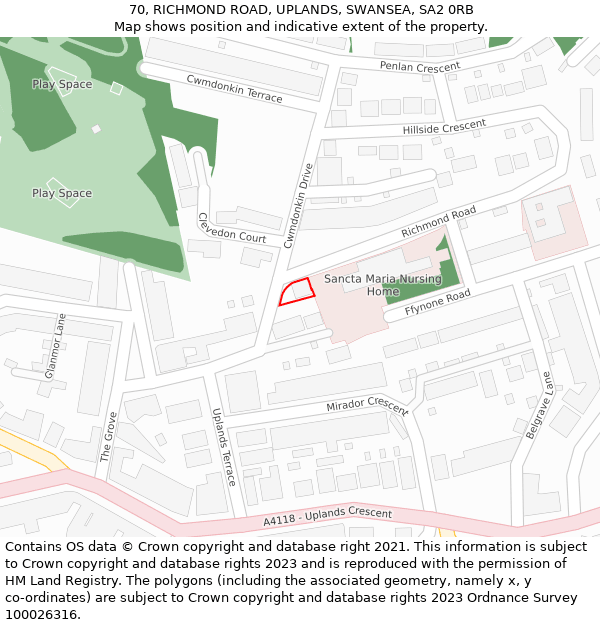 70, RICHMOND ROAD, UPLANDS, SWANSEA, SA2 0RB: Location map and indicative extent of plot