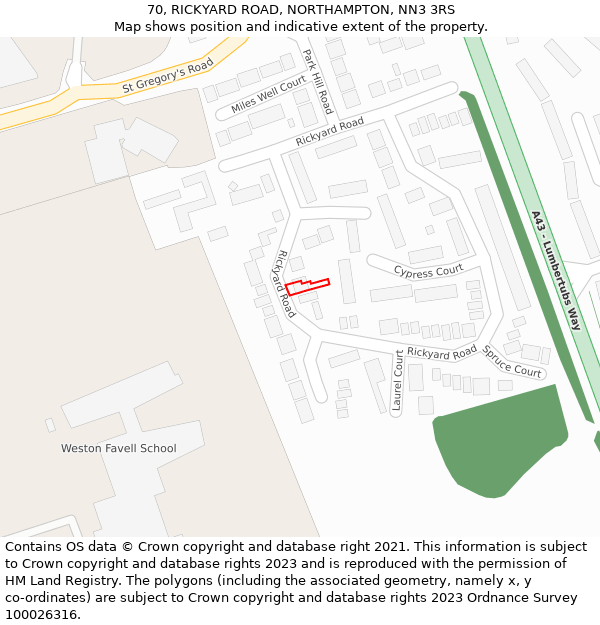 70, RICKYARD ROAD, NORTHAMPTON, NN3 3RS: Location map and indicative extent of plot