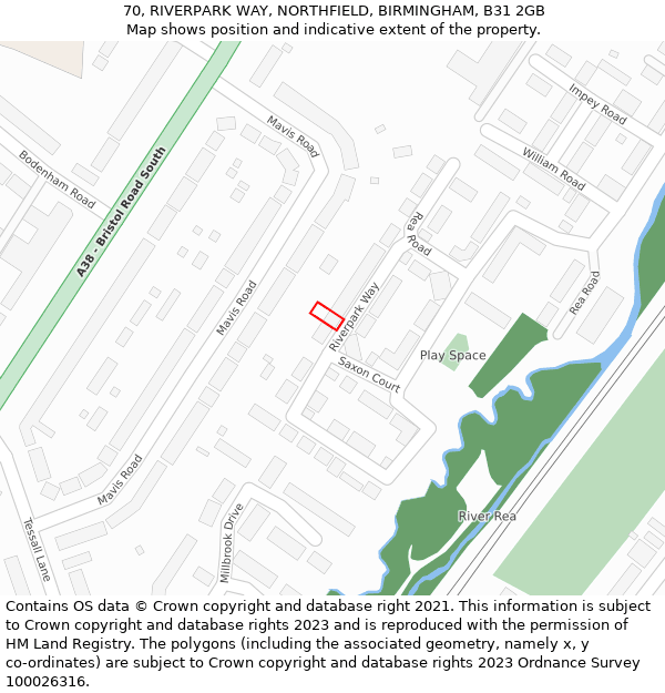 70, RIVERPARK WAY, NORTHFIELD, BIRMINGHAM, B31 2GB: Location map and indicative extent of plot