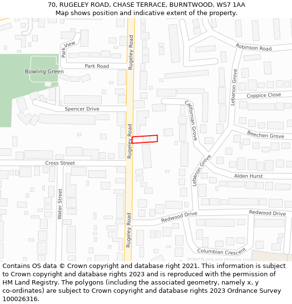 70, RUGELEY ROAD, CHASE TERRACE, BURNTWOOD, WS7 1AA: Location map and indicative extent of plot