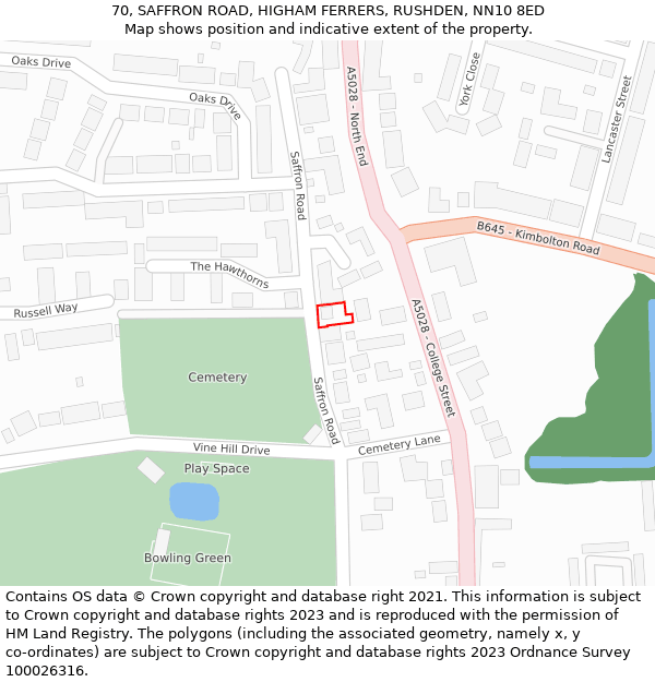 70, SAFFRON ROAD, HIGHAM FERRERS, RUSHDEN, NN10 8ED: Location map and indicative extent of plot