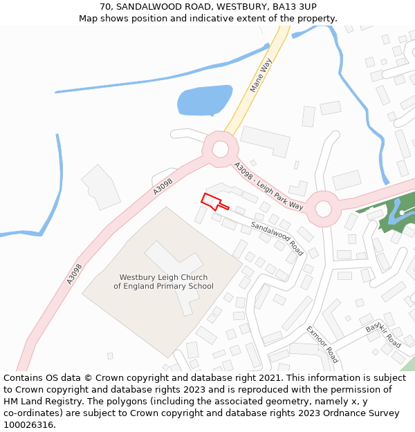 70, SANDALWOOD ROAD, WESTBURY, BA13 3UP: Location map and indicative extent of plot