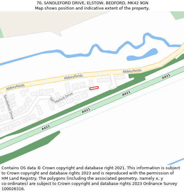 70, SANDLEFORD DRIVE, ELSTOW, BEDFORD, MK42 9GN: Location map and indicative extent of plot