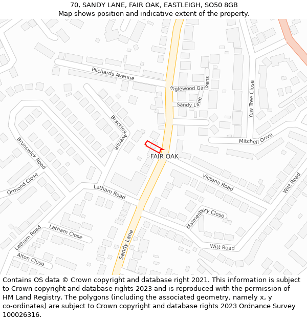 70, SANDY LANE, FAIR OAK, EASTLEIGH, SO50 8GB: Location map and indicative extent of plot