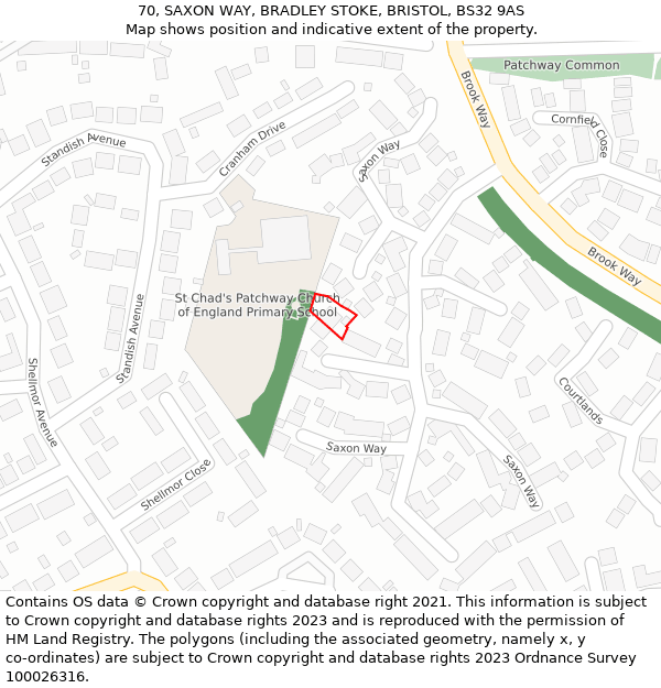 70, SAXON WAY, BRADLEY STOKE, BRISTOL, BS32 9AS: Location map and indicative extent of plot