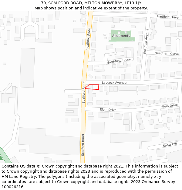 70, SCALFORD ROAD, MELTON MOWBRAY, LE13 1JY: Location map and indicative extent of plot