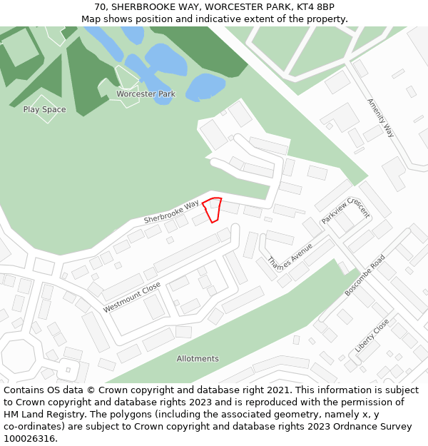 70, SHERBROOKE WAY, WORCESTER PARK, KT4 8BP: Location map and indicative extent of plot