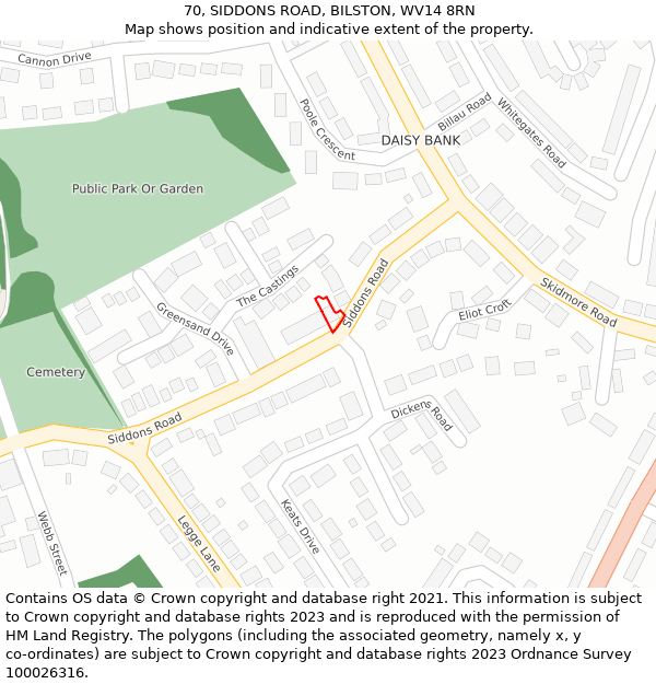 70, SIDDONS ROAD, BILSTON, WV14 8RN: Location map and indicative extent of plot
