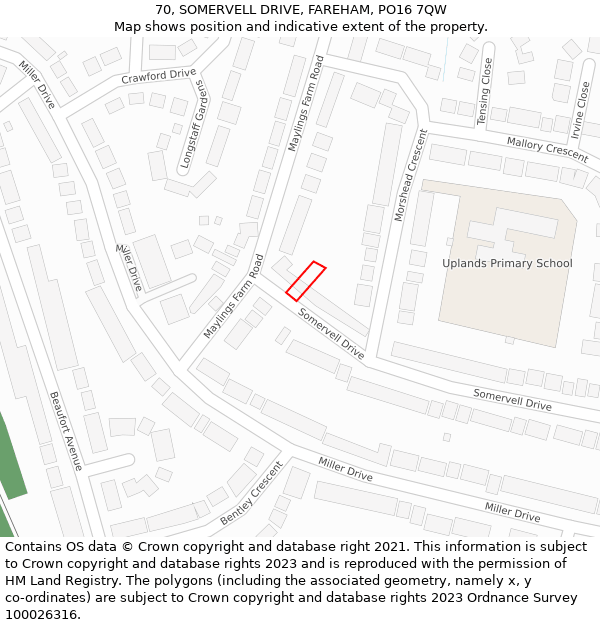 70, SOMERVELL DRIVE, FAREHAM, PO16 7QW: Location map and indicative extent of plot