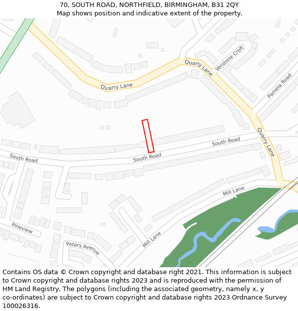 70, SOUTH ROAD, NORTHFIELD, BIRMINGHAM, B31 2QY: Location map and indicative extent of plot