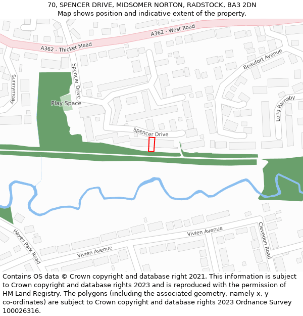 70, SPENCER DRIVE, MIDSOMER NORTON, RADSTOCK, BA3 2DN: Location map and indicative extent of plot