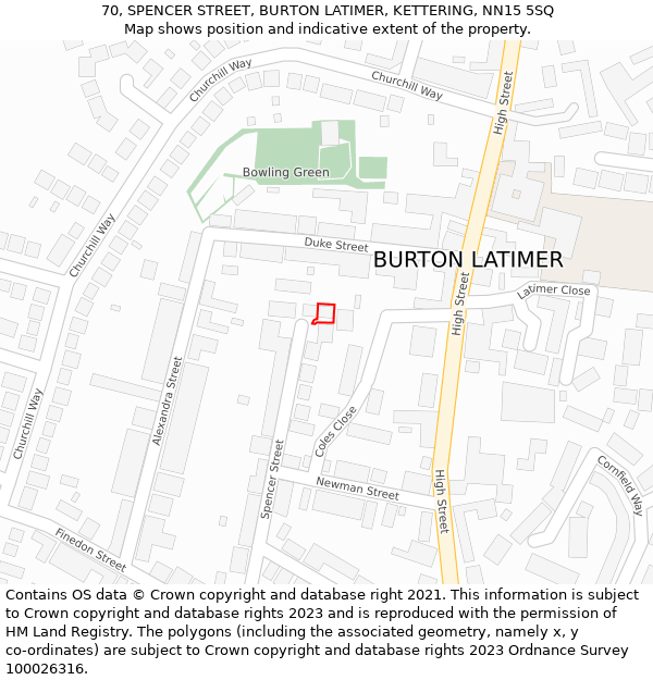 70, SPENCER STREET, BURTON LATIMER, KETTERING, NN15 5SQ: Location map and indicative extent of plot