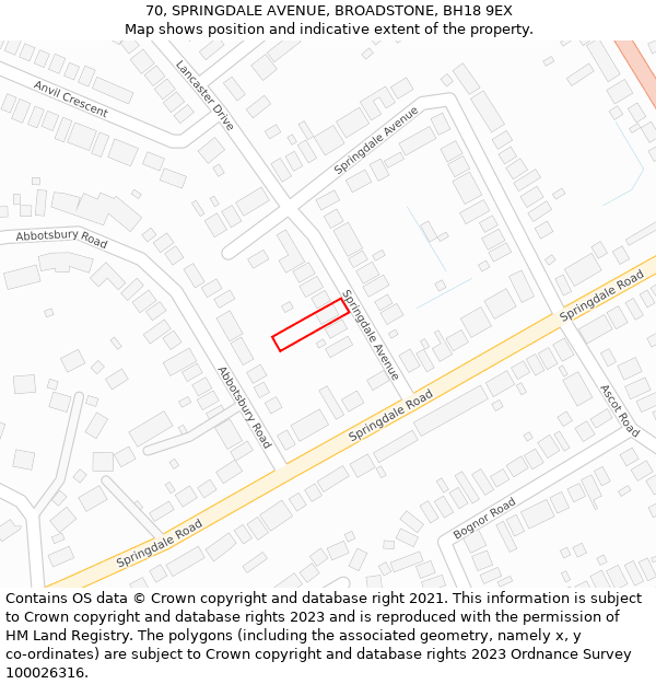 70, SPRINGDALE AVENUE, BROADSTONE, BH18 9EX: Location map and indicative extent of plot