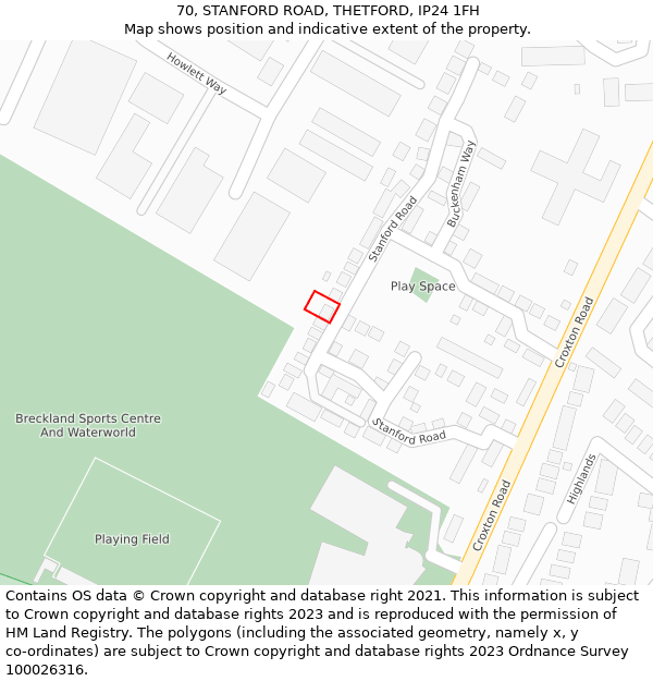 70, STANFORD ROAD, THETFORD, IP24 1FH: Location map and indicative extent of plot