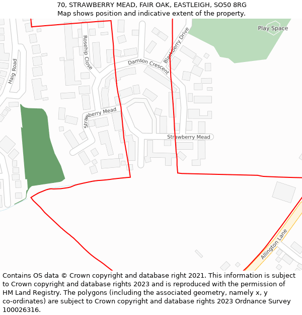 70, STRAWBERRY MEAD, FAIR OAK, EASTLEIGH, SO50 8RG: Location map and indicative extent of plot