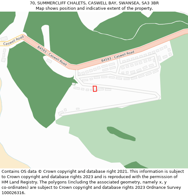 70, SUMMERCLIFF CHALETS, CASWELL BAY, SWANSEA, SA3 3BR: Location map and indicative extent of plot