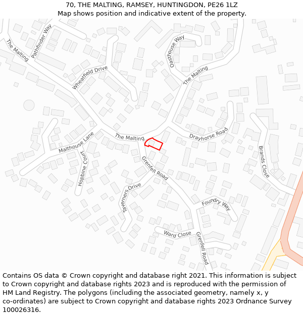 70, THE MALTING, RAMSEY, HUNTINGDON, PE26 1LZ: Location map and indicative extent of plot