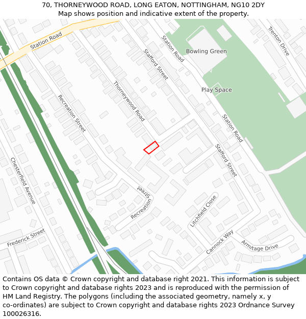 70, THORNEYWOOD ROAD, LONG EATON, NOTTINGHAM, NG10 2DY: Location map and indicative extent of plot