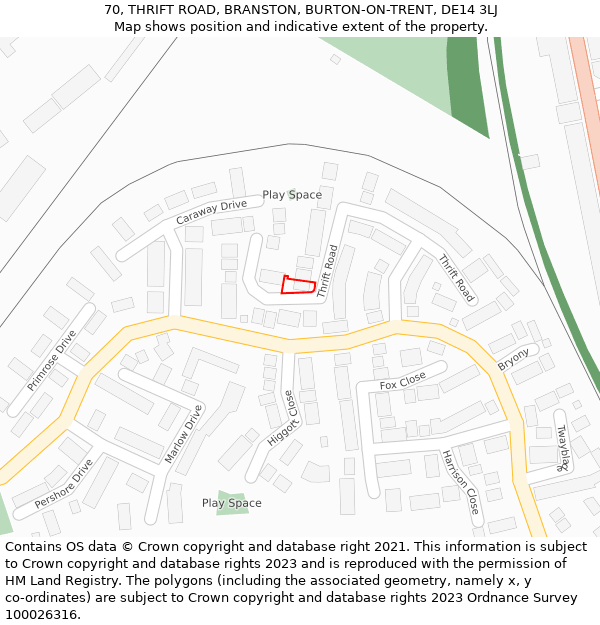 70, THRIFT ROAD, BRANSTON, BURTON-ON-TRENT, DE14 3LJ: Location map and indicative extent of plot