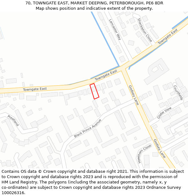 70, TOWNGATE EAST, MARKET DEEPING, PETERBOROUGH, PE6 8DR: Location map and indicative extent of plot