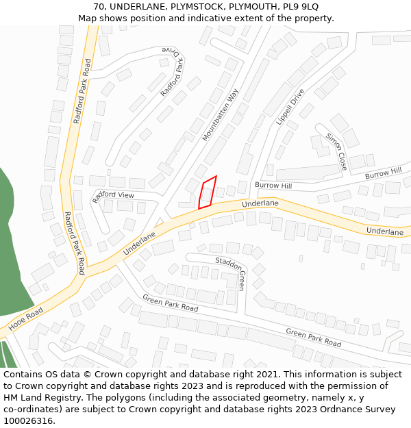 70, UNDERLANE, PLYMSTOCK, PLYMOUTH, PL9 9LQ: Location map and indicative extent of plot