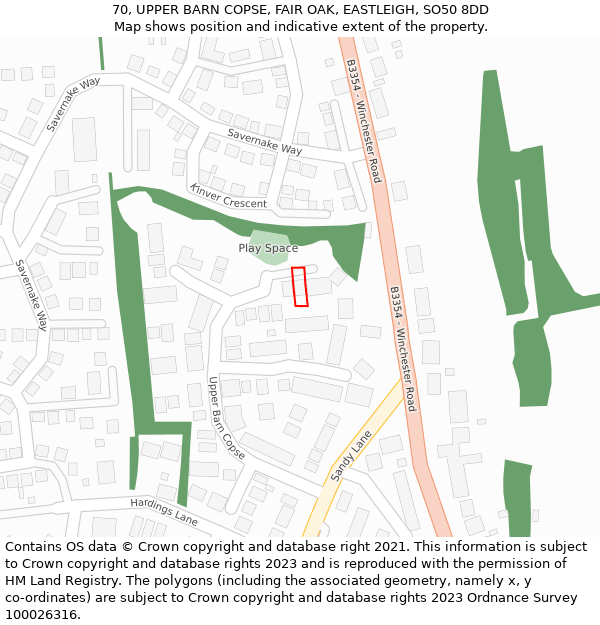 70, UPPER BARN COPSE, FAIR OAK, EASTLEIGH, SO50 8DD: Location map and indicative extent of plot