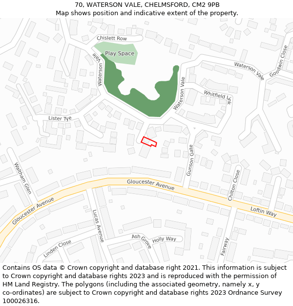 70, WATERSON VALE, CHELMSFORD, CM2 9PB: Location map and indicative extent of plot