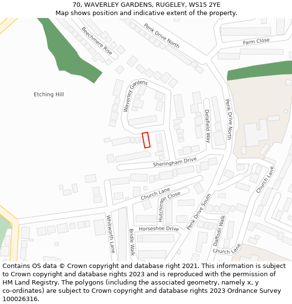 70, WAVERLEY GARDENS, RUGELEY, WS15 2YE: Location map and indicative extent of plot