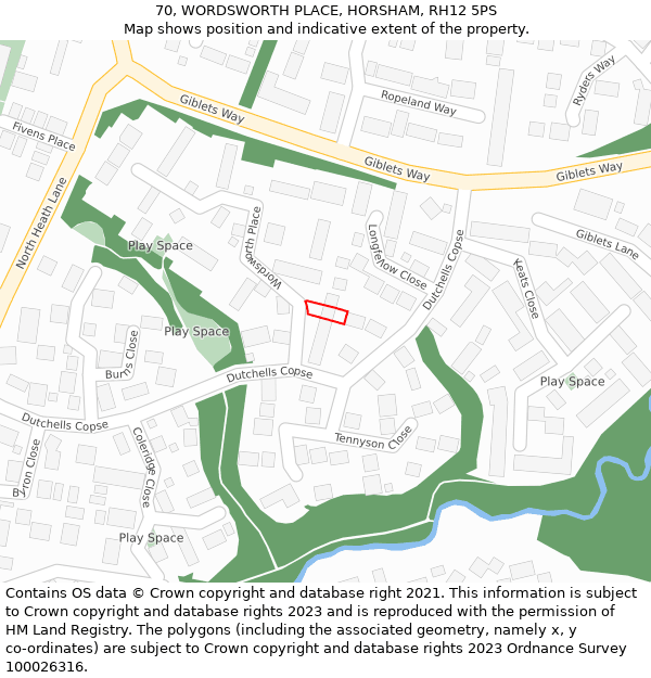 70, WORDSWORTH PLACE, HORSHAM, RH12 5PS: Location map and indicative extent of plot