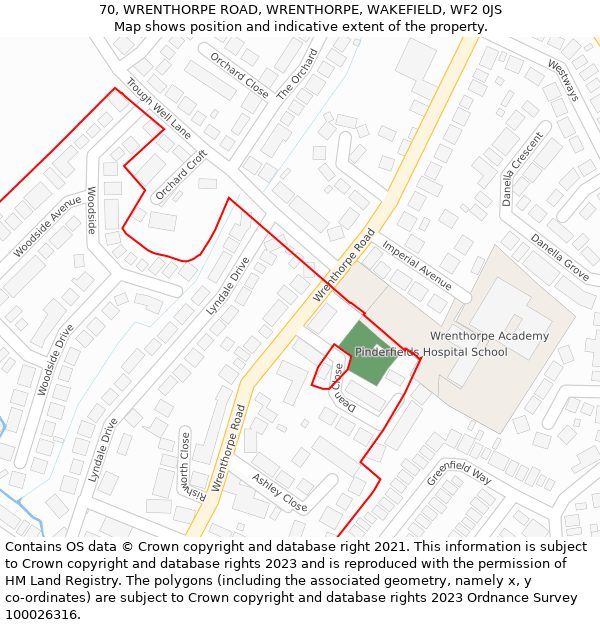 70, WRENTHORPE ROAD, WRENTHORPE, WAKEFIELD, WF2 0JS: Location map and indicative extent of plot