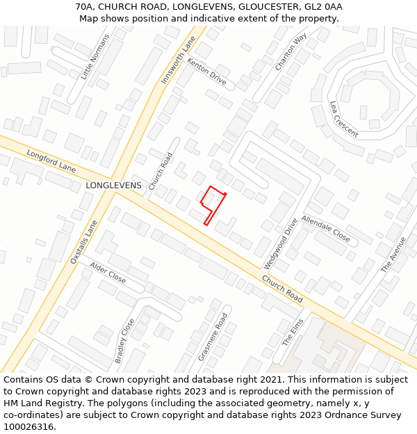 70A, CHURCH ROAD, LONGLEVENS, GLOUCESTER, GL2 0AA: Location map and indicative extent of plot