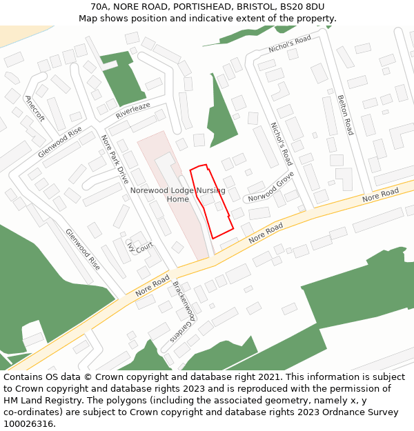 70A, NORE ROAD, PORTISHEAD, BRISTOL, BS20 8DU: Location map and indicative extent of plot