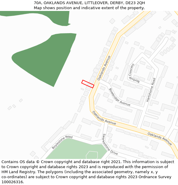 70A, OAKLANDS AVENUE, LITTLEOVER, DERBY, DE23 2QH: Location map and indicative extent of plot