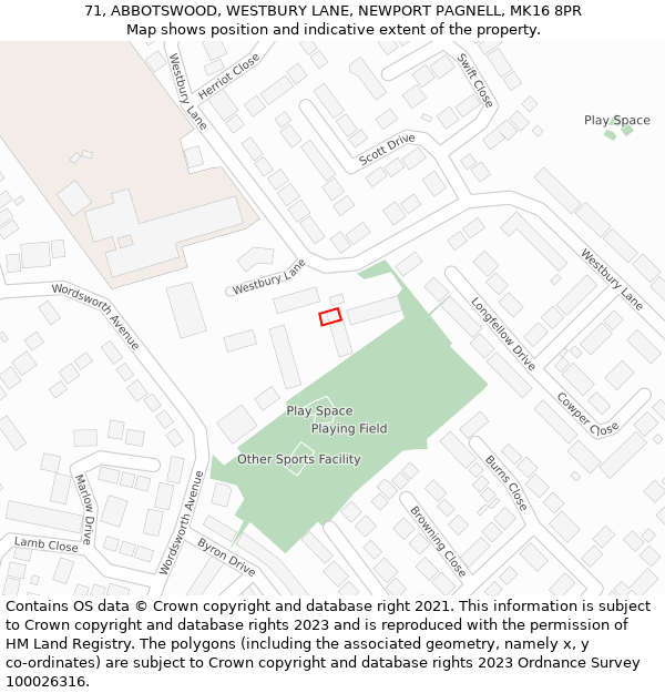 71, ABBOTSWOOD, WESTBURY LANE, NEWPORT PAGNELL, MK16 8PR: Location map and indicative extent of plot