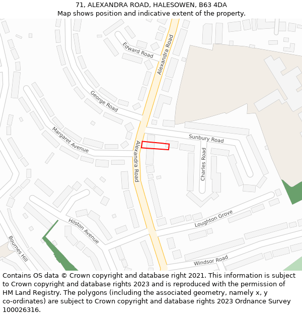 71, ALEXANDRA ROAD, HALESOWEN, B63 4DA: Location map and indicative extent of plot