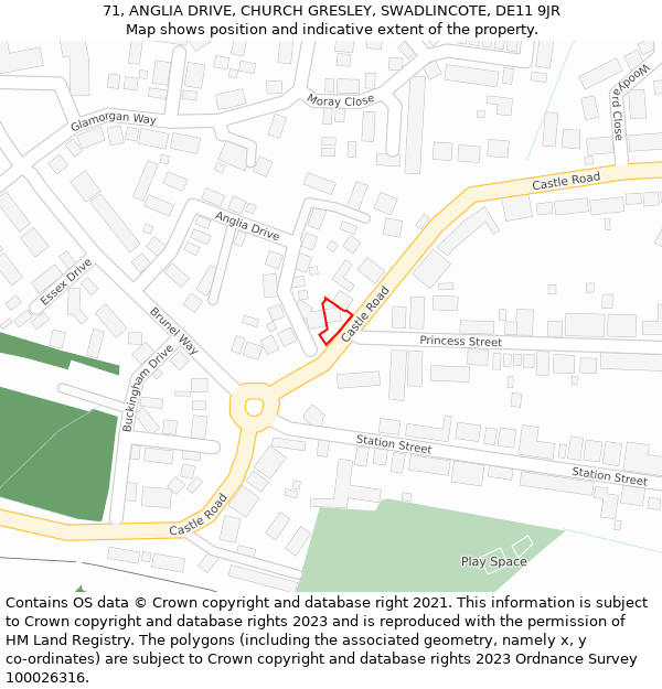 71, ANGLIA DRIVE, CHURCH GRESLEY, SWADLINCOTE, DE11 9JR: Location map and indicative extent of plot