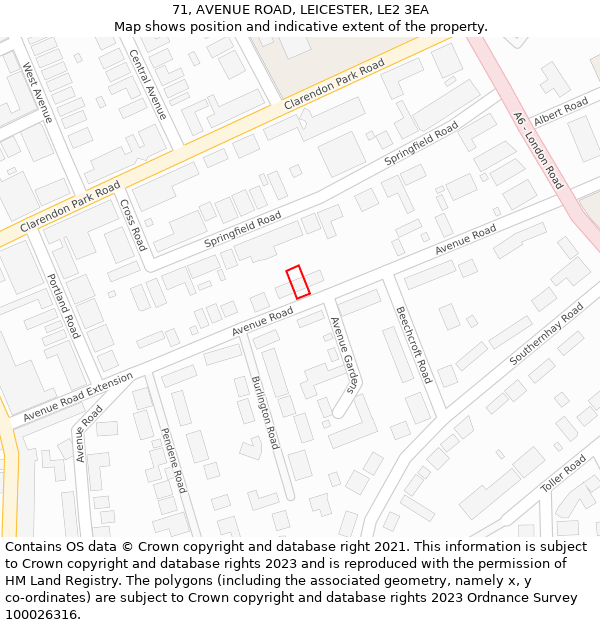 71, AVENUE ROAD, LEICESTER, LE2 3EA: Location map and indicative extent of plot