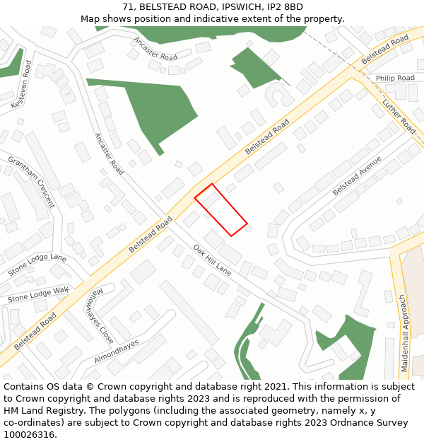 71, BELSTEAD ROAD, IPSWICH, IP2 8BD: Location map and indicative extent of plot